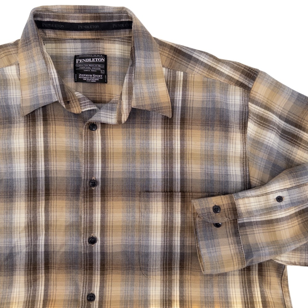 Pendleton Mens‎ Large Zephyr Button Down Shirt Brown Tan Plaid 100% Virgin Wool